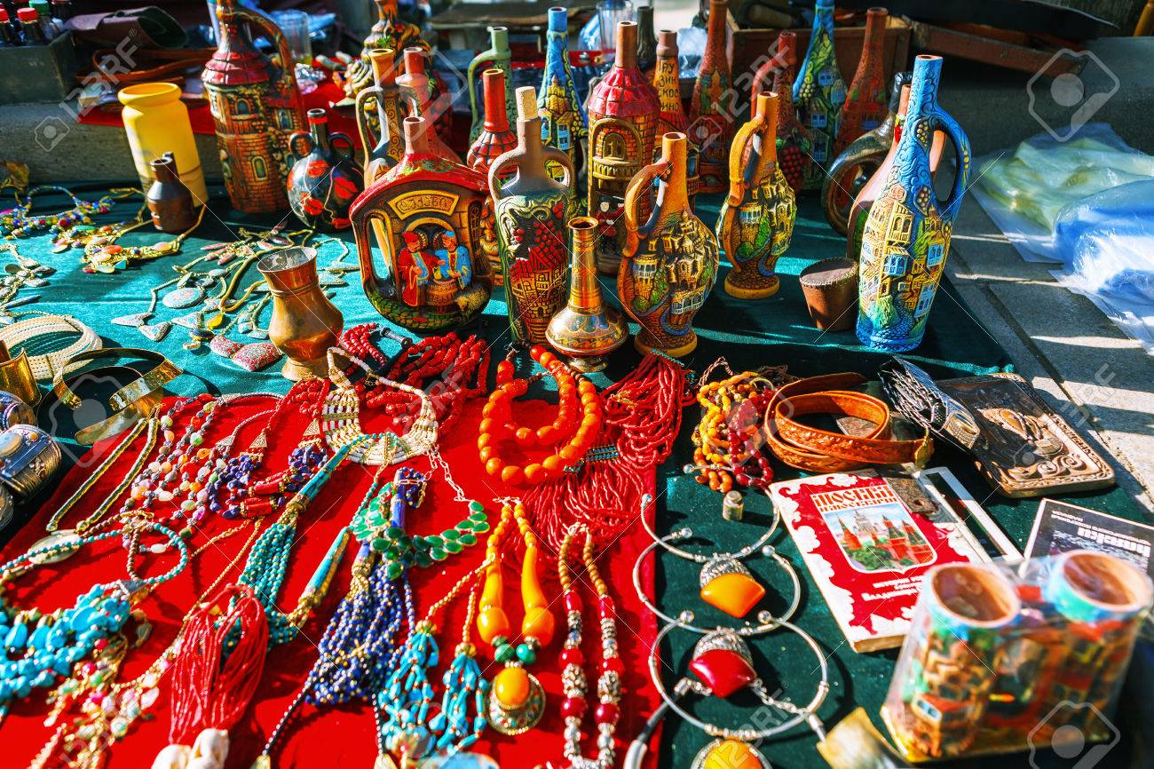 Tbilisi, Georgia - 08 October, 2016: Dry Bridge Flea market in Tbilisi sells Jewelry, Soviet, retro junk stuff, tableware set, dishes, souvenir georgian Clay jugs. Most famous flea market in Georgia.